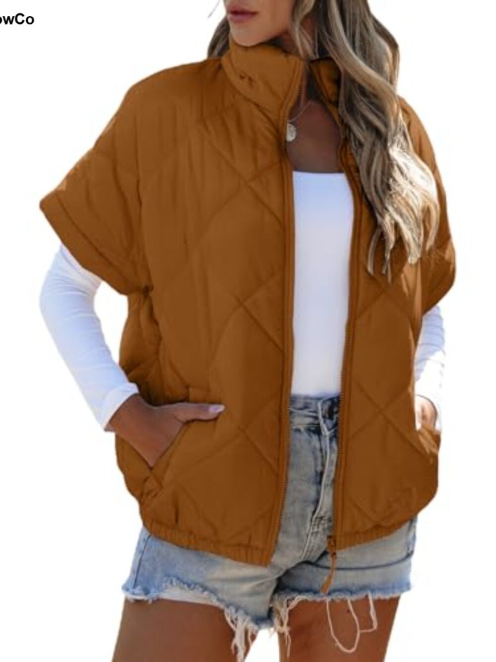 SHEWIN Quilted Vest Zip Up Lightweight Short Sleeve Puff Sleeve Women's